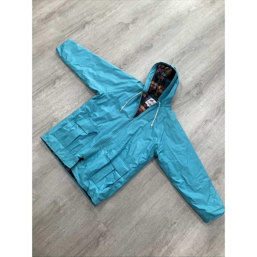 Vintage Misty Harbor Blue Hooded Windbreaker Rain Jacket Plaid Lining Medium